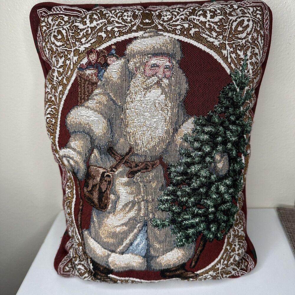 Vintage Santa Tapestry Accent Pillow winter holiday Old Time Primitive Stars